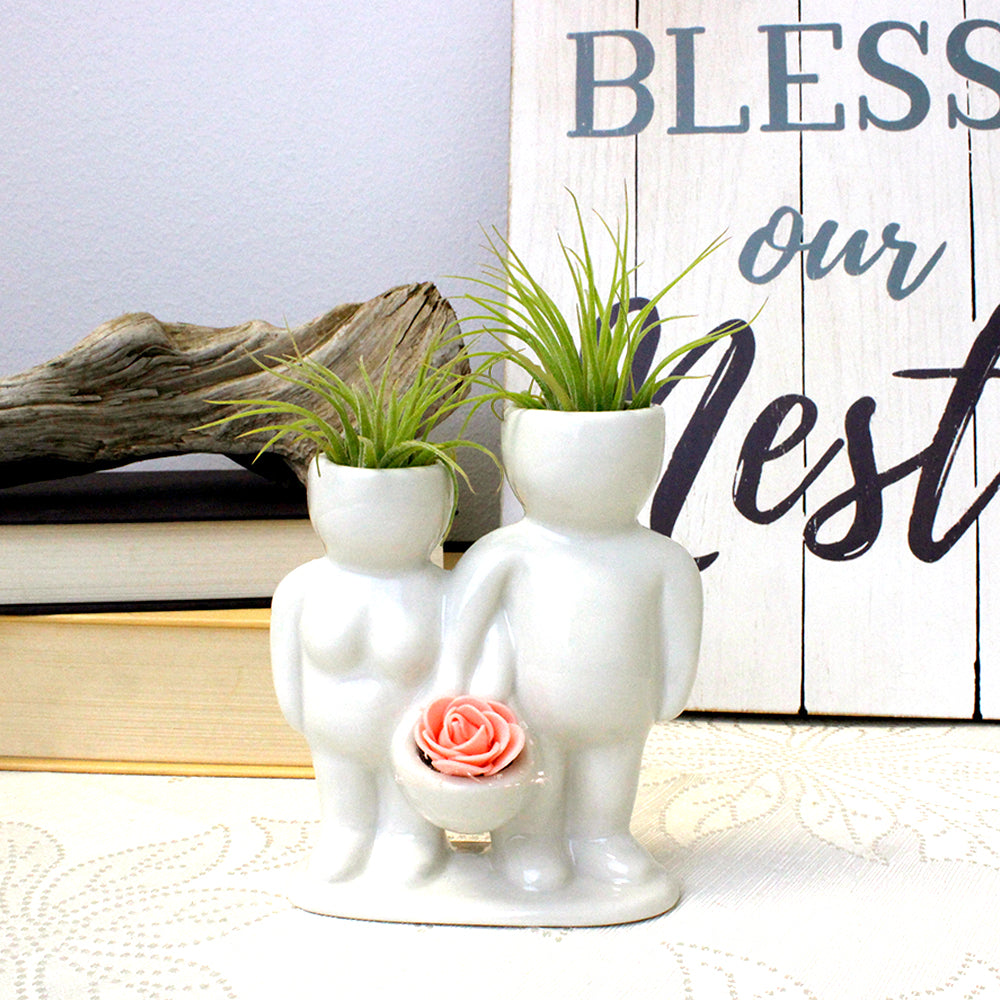 "Couple Carrying Basket" Air Head White Ceramic Pot - Air Plant Holder, Succulent, Cactus Planter