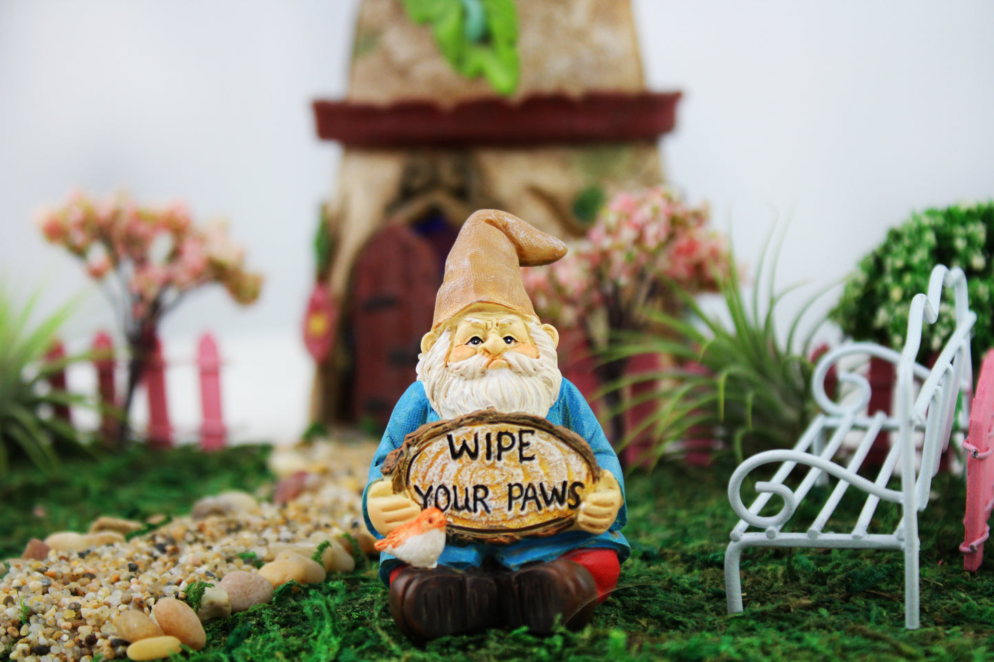 Fairy Garden Gnome - Gnome Holding Wipe Your Paws Sign