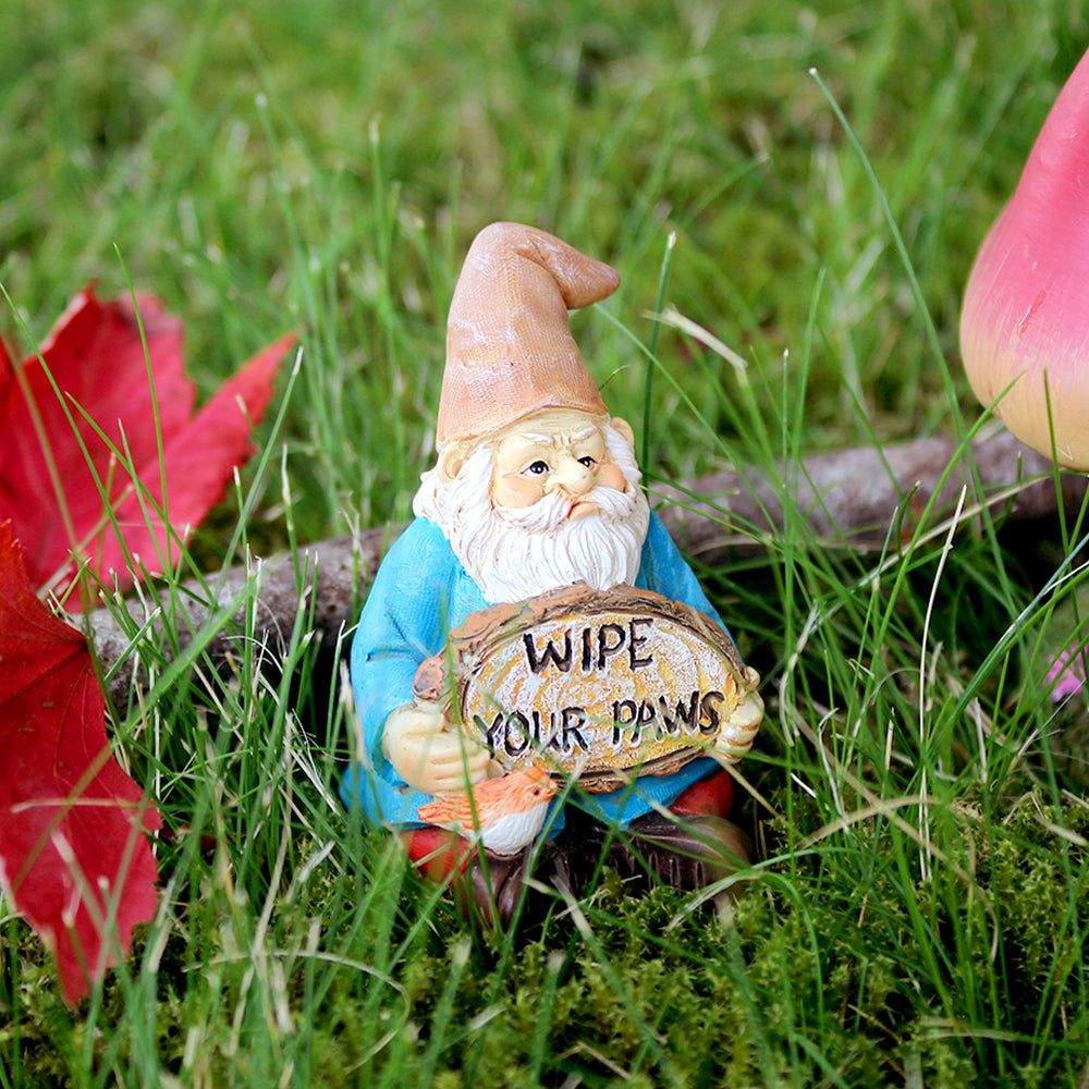 Fairy Garden Gnome - Gnome Holding Wipe Your Paws Sign