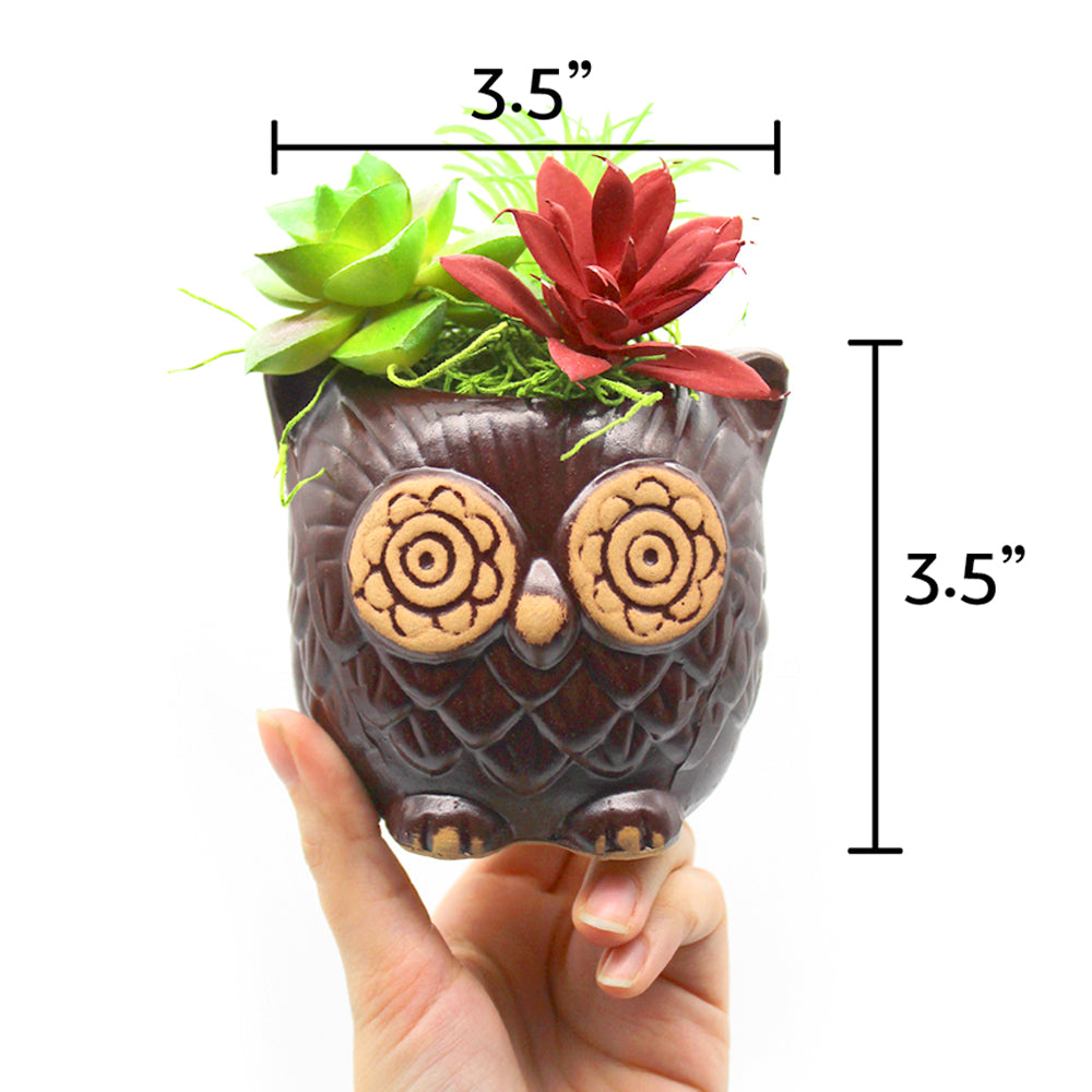 Small Brown Ceramic Owl Planter with Faux Succulents