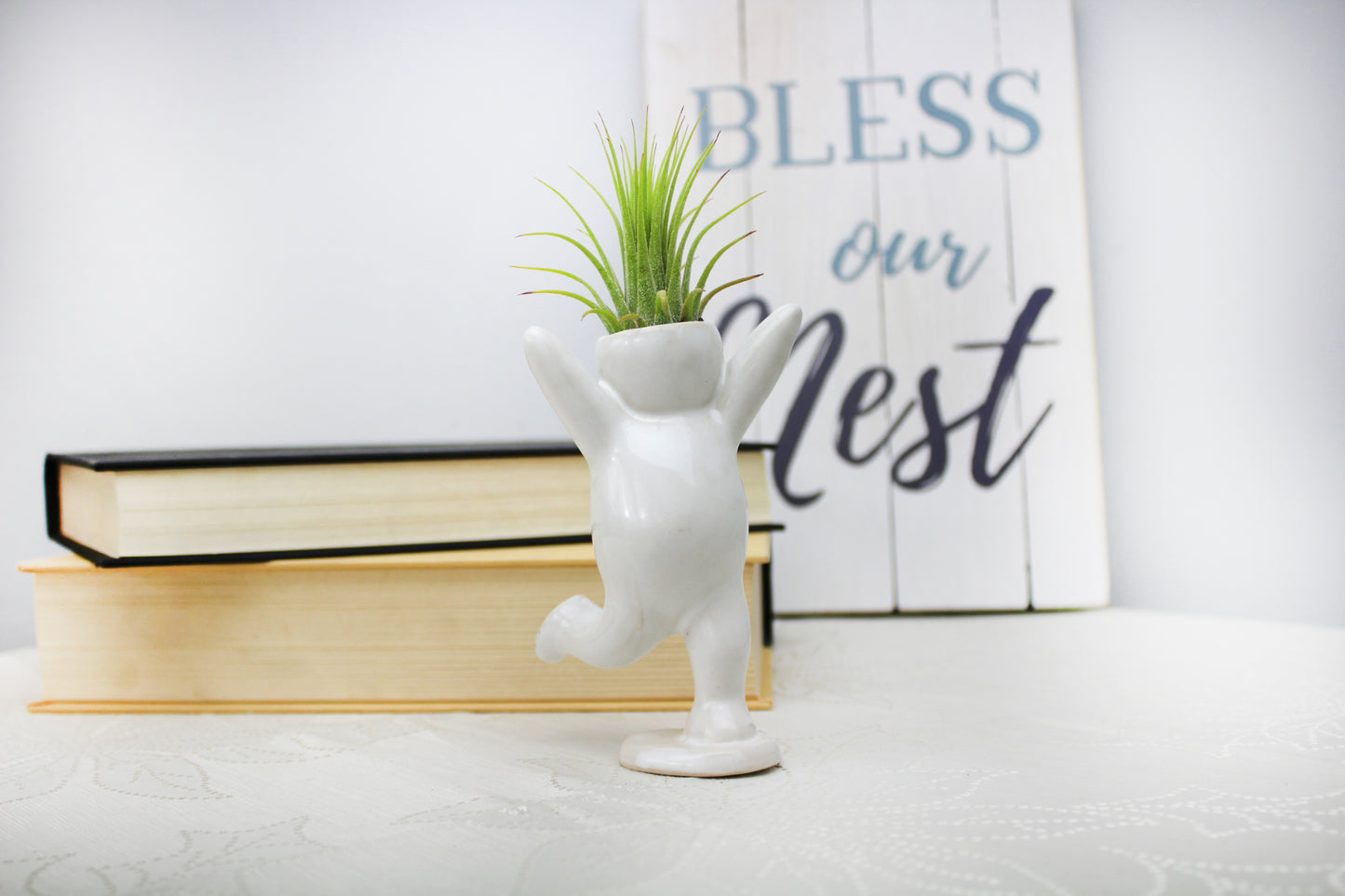 "Happy Cheering Person" Air Head White Ceramic Pot - Air Plant Holder, Succulent, Cactus Planter