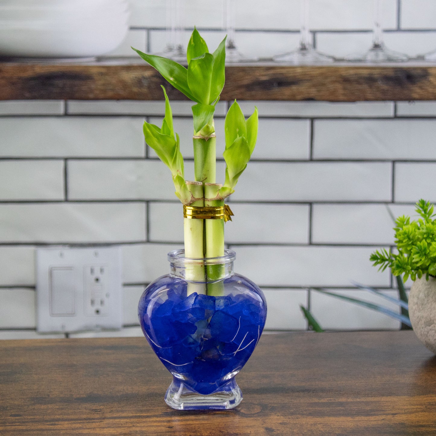 3 Stalk Arrangement in Glass Heart Vase & Colored Sea Glass