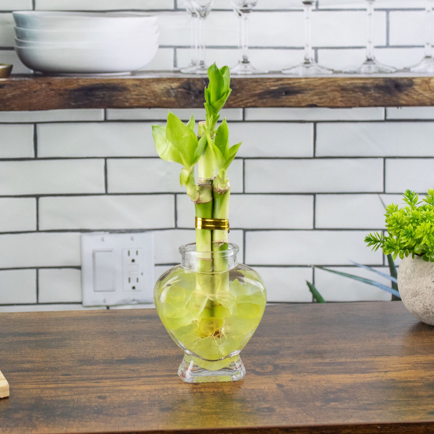 3 Stalk Arrangement in Glass Heart Vase & Colored Sea Glass