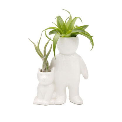 "Person With Cat" Air Head White Ceramic Pot - Air Plant Holder, Succulent, Cactus Planter