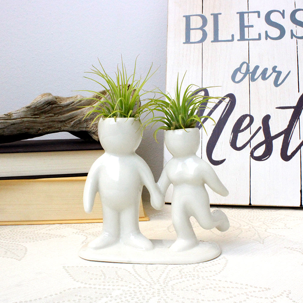 "Happy Couple" Air Head White Ceramic Pot - Air Plant Holder, Succulent, Cactus Planter