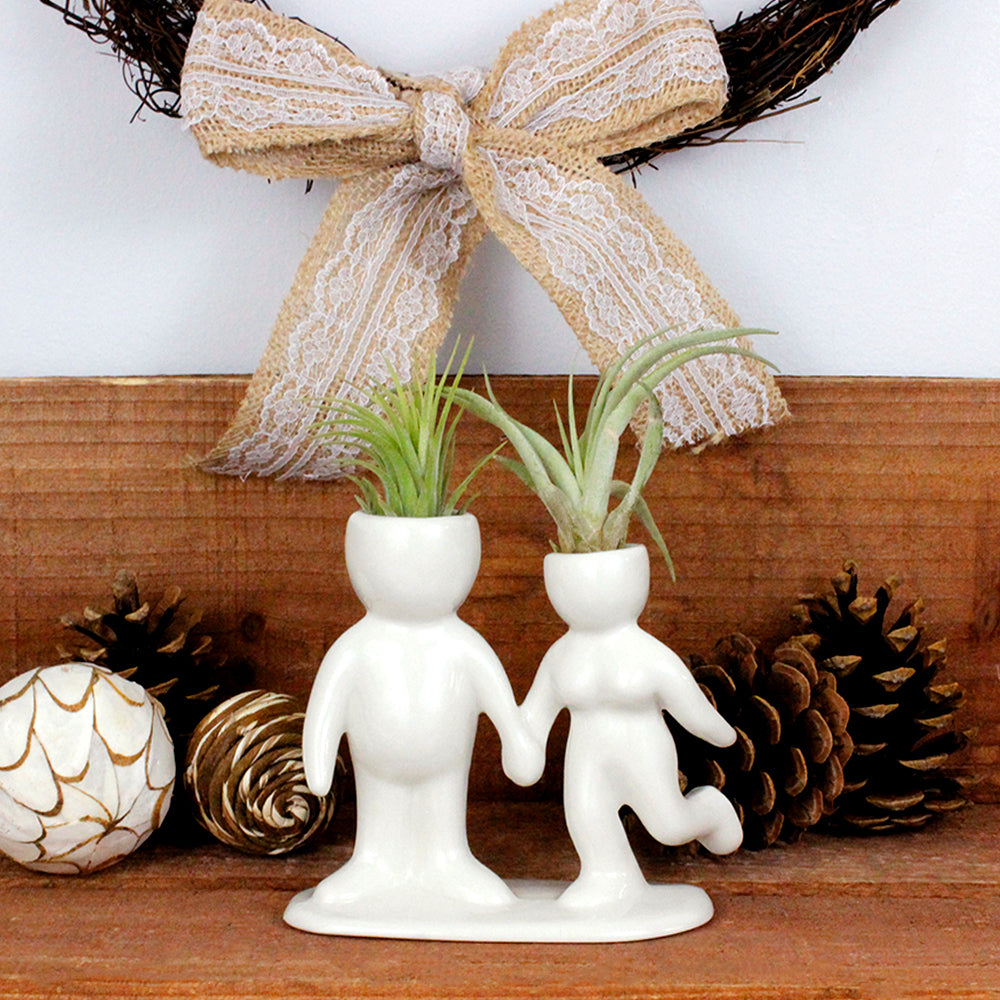 "Happy Couple" Air Head White Ceramic Pot - Air Plant Holder, Succulent, Cactus Planter