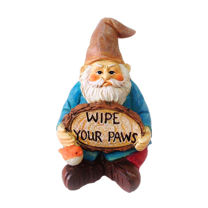 Fairy Garden Gnome - Gnome Holding Wipe Your Paws Sign