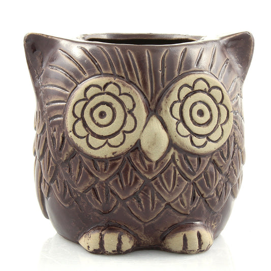 Small brown ceramic owl planter pot for small indoor plants