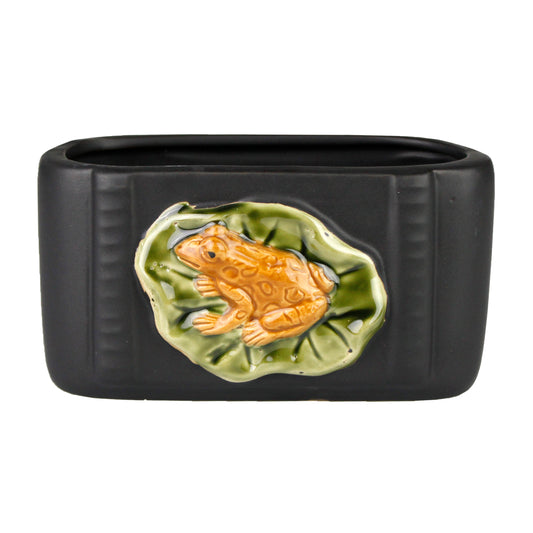 Black Ceramic Rectangle Planter with Frog & Lily Design