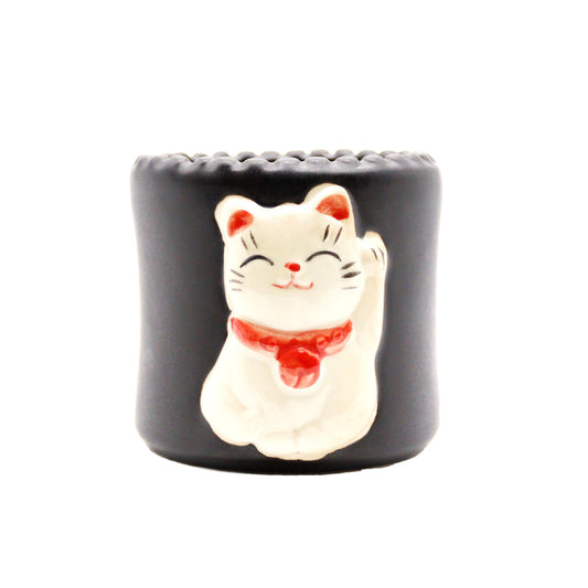 Black Round Maneki Cat Design Planter Pot