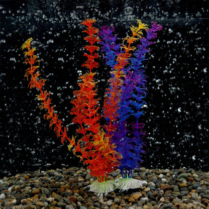 2 Piece Large Faux Fern Aquarium Plants - Red and Green - Purple and Orange